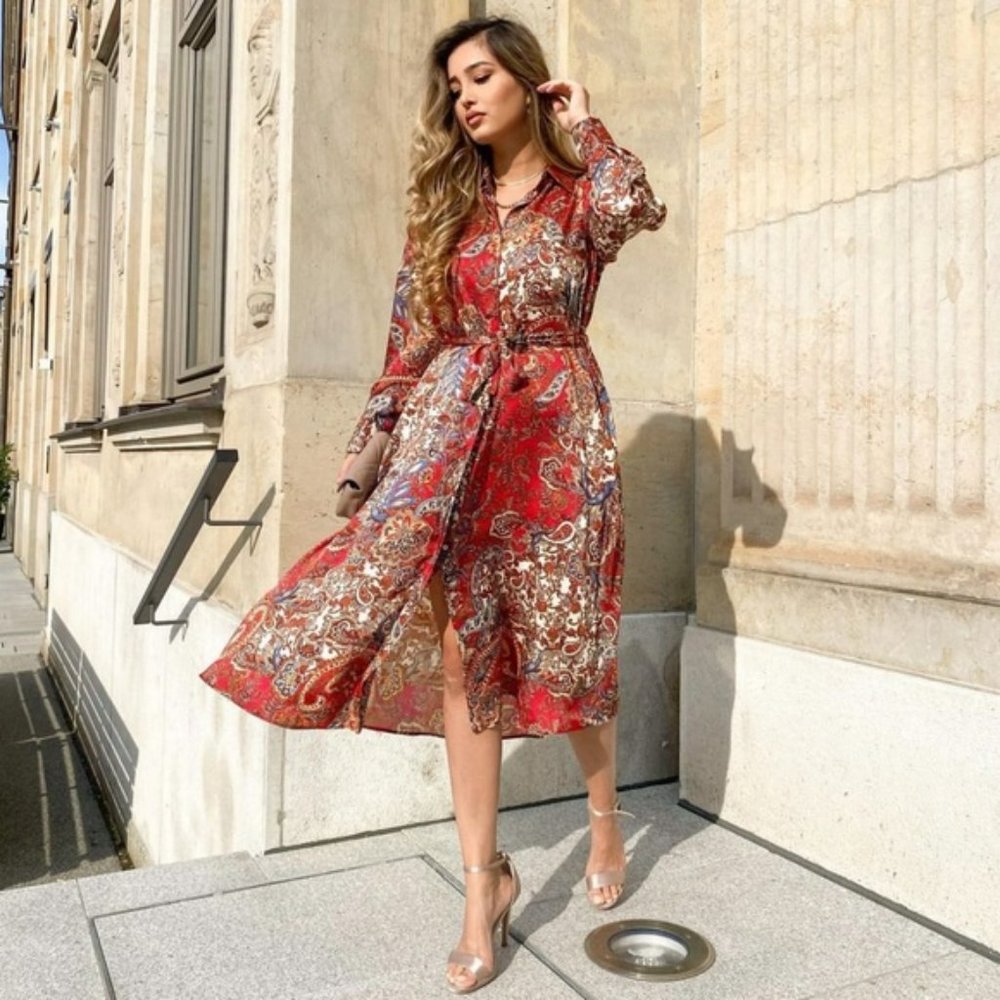 ZARA Paisley Printed Shirt Dress Red Satin Size S